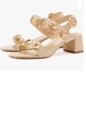 YDN Gold Open Toe Sandals Chunky Dressy Low Heels Backstrap with Buckle Shoe